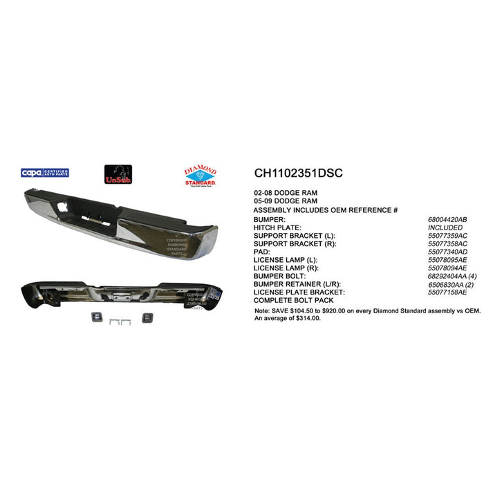 2002-2009 Dodge Ram 1500/2500/3500 Rear Bumper Face Bar New Design Step Bumper Bright Includes Pad & Bumper Support W/O Bracket - CH1102351-Partify-Painted-Replacement-Body-Parts