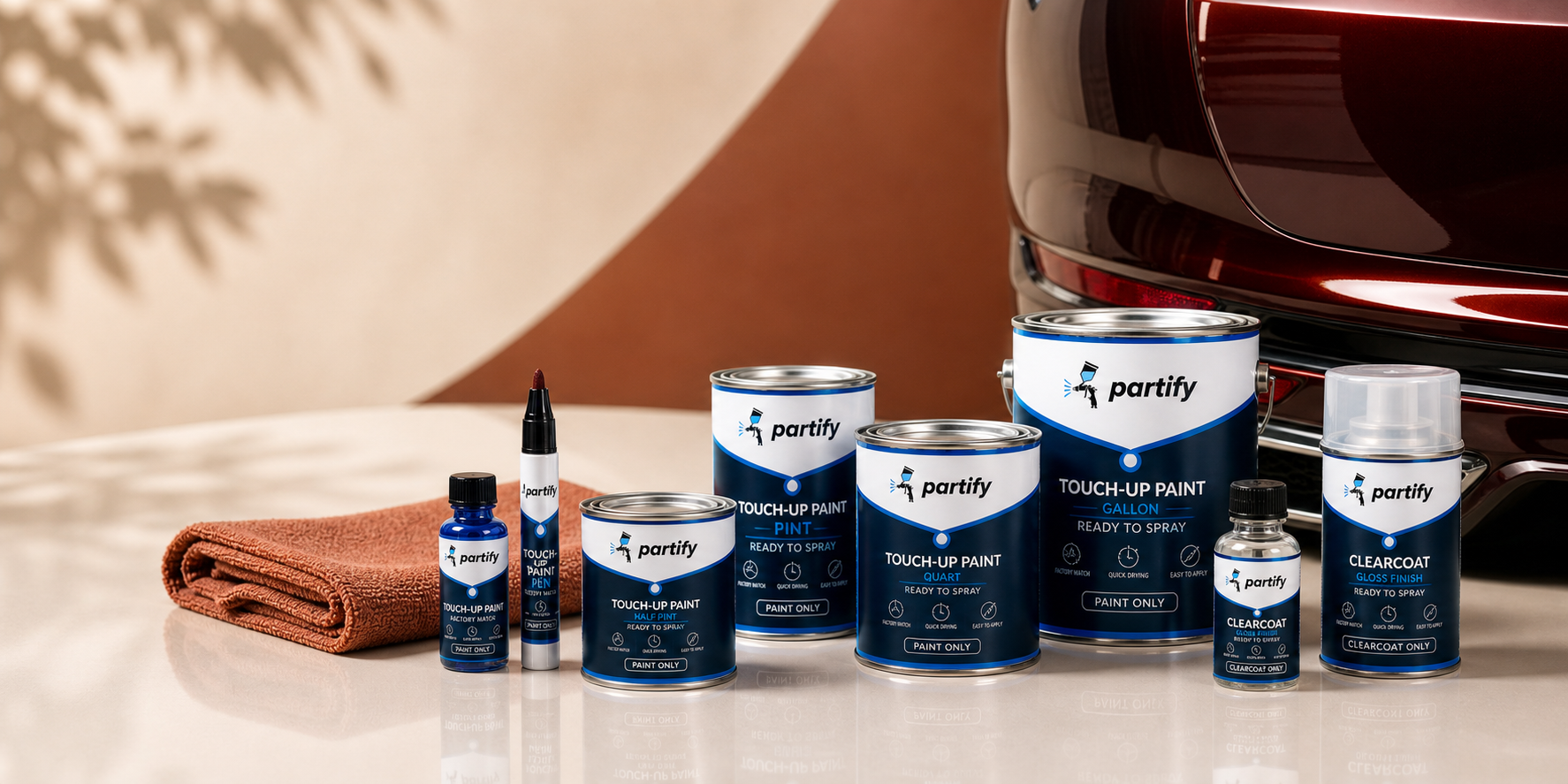 Partify paint pen, brush bottle, aerosol, and professional touch-up paint