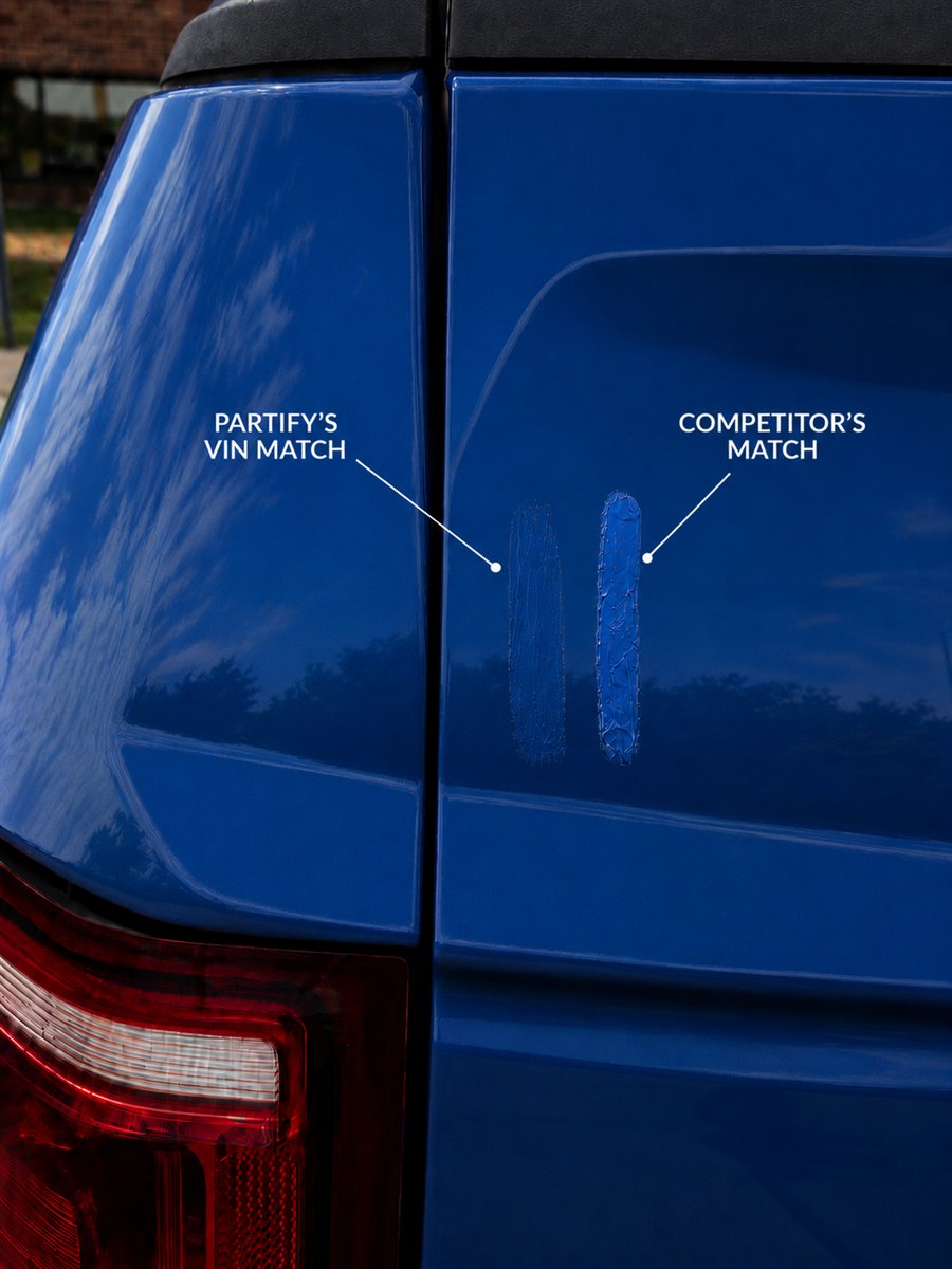 Blue vehicle paint comparison showing a VIN-matched finish beside a generic match