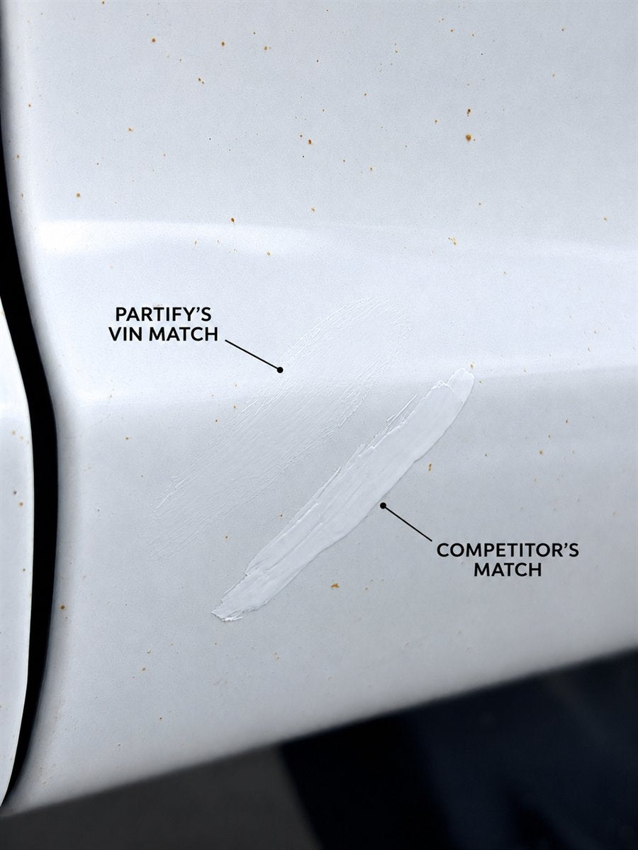 White vehicle paint comparison showing a VIN-matched finish beside a generic match